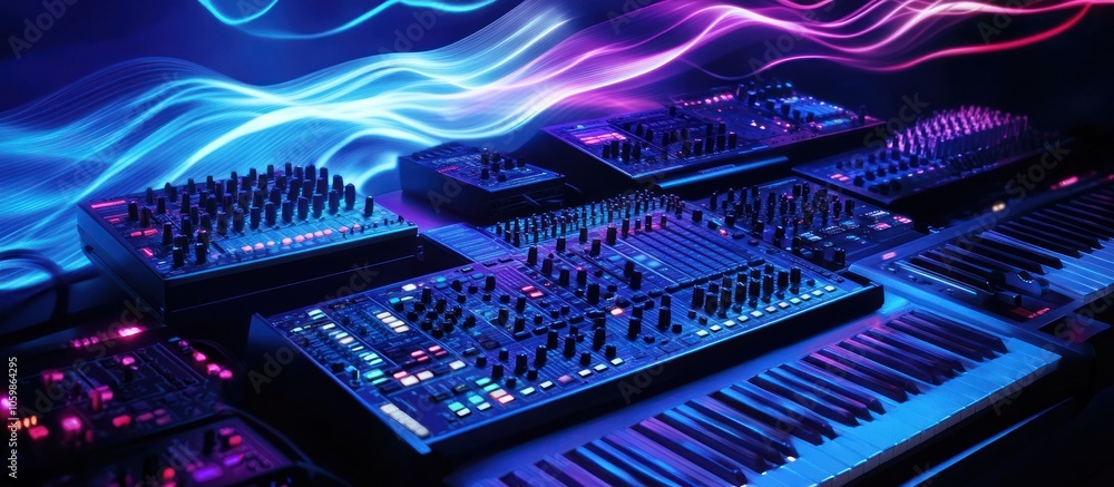 Poster a close-up of a music production studio setup with multiple synthesizers, mixers, and a keyboard in 