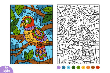 Obraz premium Cartoon parrot in the tropical forest. Color by number, education game for kids
