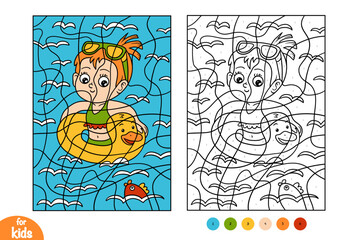 A girl swims in a pool. Color by number for children