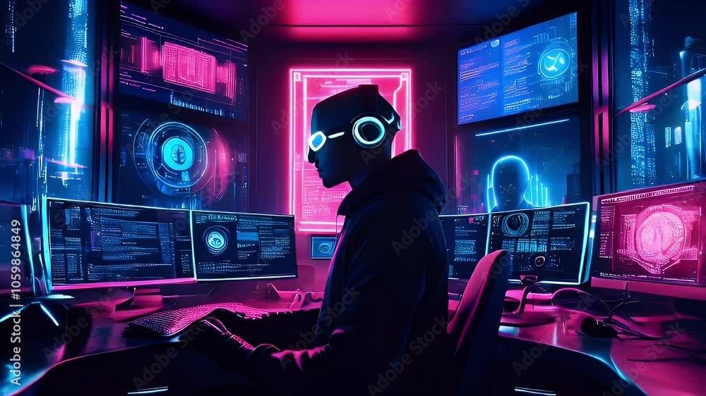 Aufkleber a hacker sits in a dark room surrounded by computer screens with neon lights.
