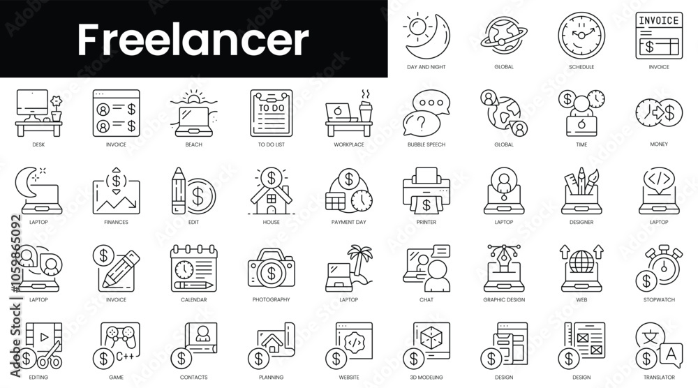 Poster set of outline freelancer icons. minimalist thin linear web icon set. vector illustration.