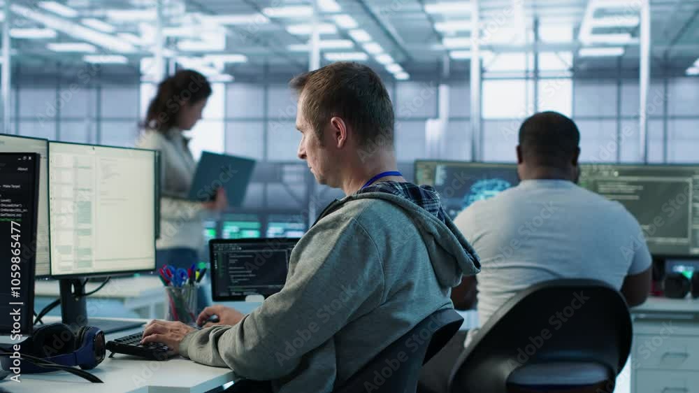 Poster manager admonishing programmer after making error damaging high tech data center. supervisor scoldin