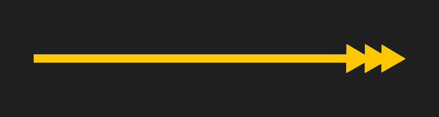 Straight Long Arrow. Horizontal pointer to the right. Navigation element. Vector illustration isolated on black background. Yellow simple symbol for measuring.