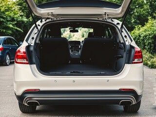 Fototapeta premium Modern car with open empty trunk. Modern wagon car open trunk. Car boot is open.