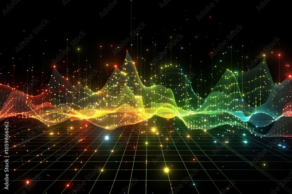 Poster a colorful, abstract image of a rainbow with many dots and lines
