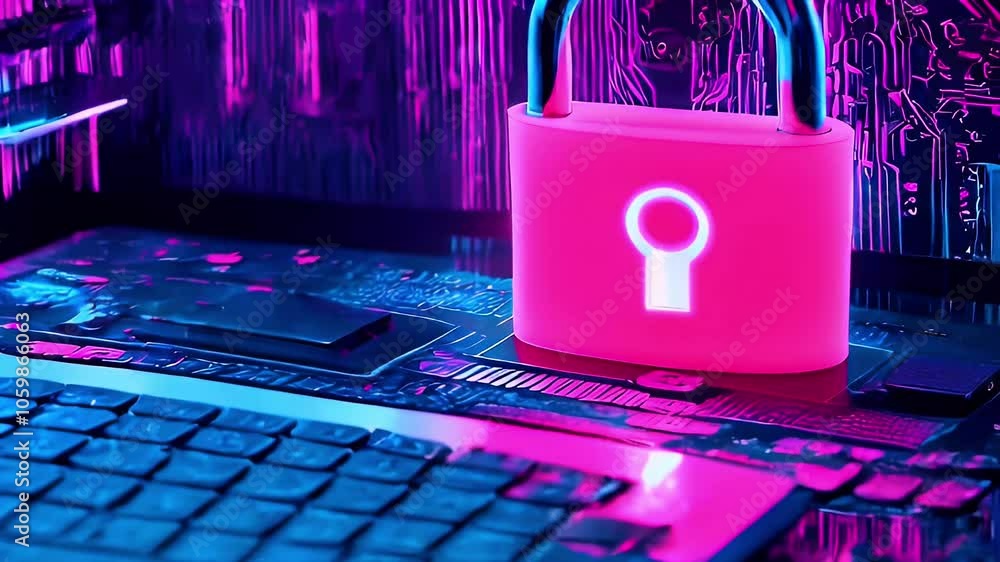Poster pink padlock on a computer keyboard and motherboard with glowing neon lights.