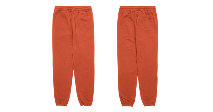 Two pairs of orange sweatpants with drawstrings and a pocket.