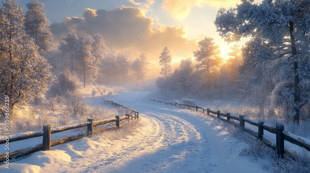 Poster A winding path covered in fresh snow leads through a tranquil winter landscape. The setting sun casts a warm glow, highlighting the trees and creating a peaceful atmosphere.