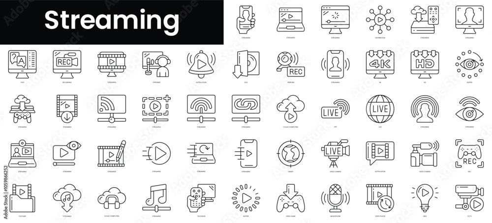 Poster set of outline streaming icons. minimalist thin linear web icon set. vector illustration.