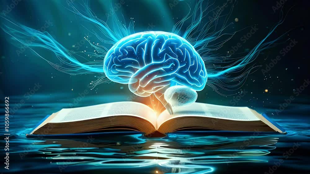 Poster a blue glowing brain with lines emanating from it, levitating above an open book floating on blue wa