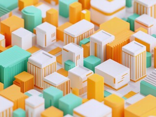 Obraz premium A Vibrant Isometric Cityscape Rendering with Geometric Buildings in Orange and Green Tones