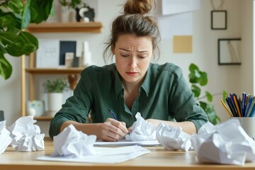 Solo businesswoman contemplates crumpled paper on minimal desk in modern workspace