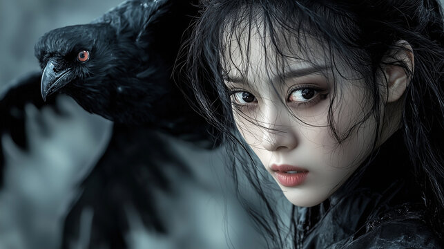 A goth Chinese woman in black makeup and matching attire stands as a black crow flies beside her in mid-flight