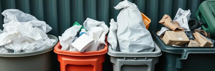 A close-up shot of various recyclable items such as plastic bottles, aluminum cans, and paper products organized in separate bins for recycling, recycling, conservation