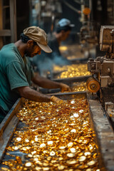 Workers operating gold processing machine, focused and diligent in their tasks, surrounded by shimmering gold