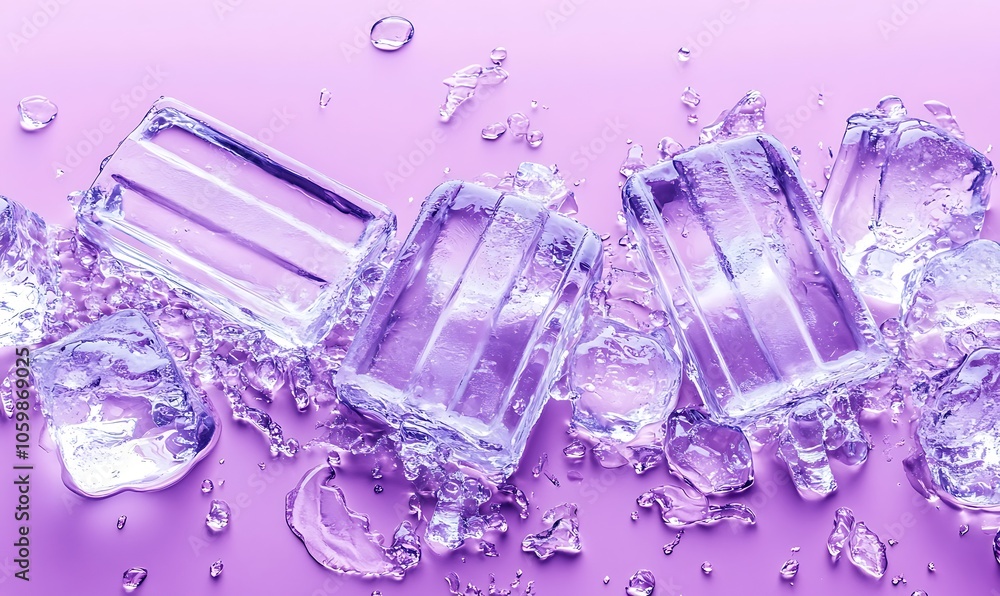 Aufkleber ice cubes on a purple background with water droplets, creating a refreshing visual effect.