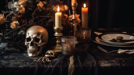 Spooky Halloween Table Setting with Skulls and Candles