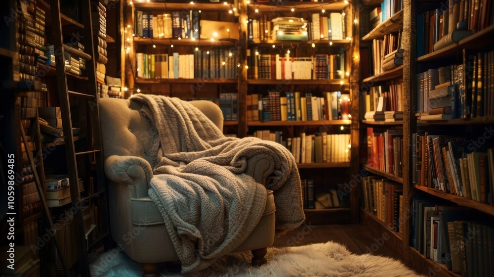 Poster a bookworms paradise this reading nook is adorned with ling string lights a fuzzy throw blanket and 