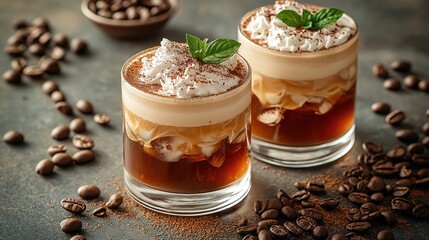 Two delicious coffee desserts topped with whipped cream and mint, surrounded by coffee beans on a rustic surface.