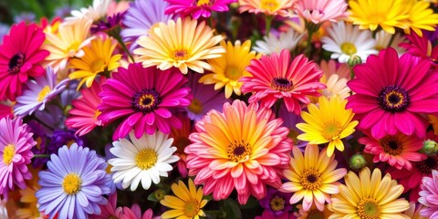 Fototapeta premium A close-up shot of a vibrant bouquet of blooming flowers in various colors and shapes, petals, floral