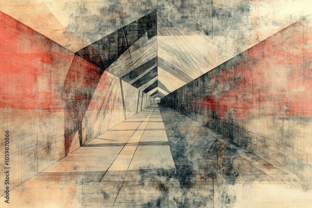 Aufkleber this abstract drawing features a bridge with strong geometric shapes and vibrant colors, showcasing 