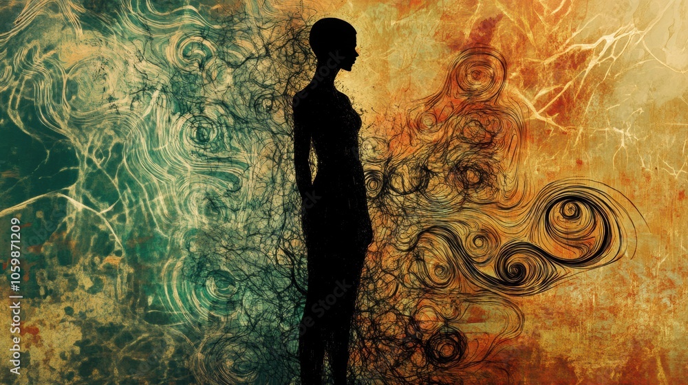 Aufkleber a solitary figure stands in silhouette, surrounded by vibrant abstract patterns, suggesting movement