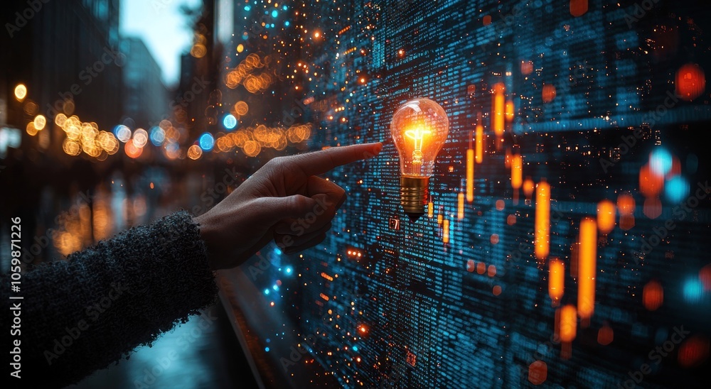 Poster a hand reaching towards a glowing light bulb on a wall of code
