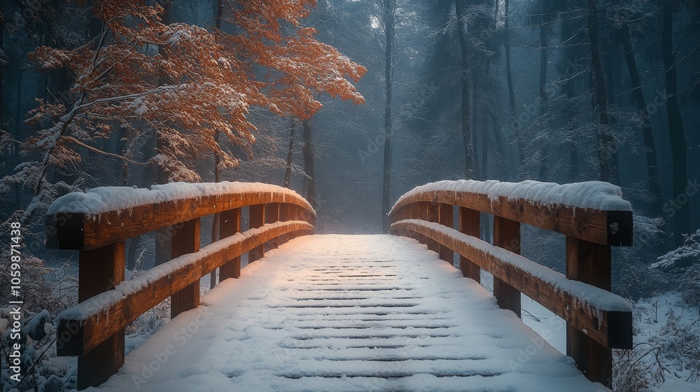 Aufkleber Snow blankets the wooden bridge, leading through a serene forest with tall trees. The soft morning light filters through, creating a peaceful atmosphere.