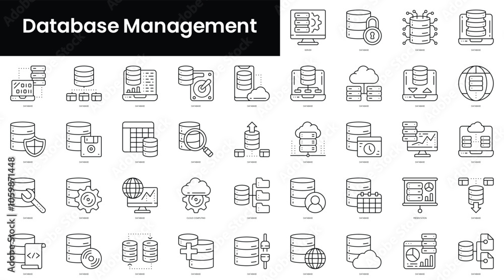Poster set of outline database management icons. minimalist thin linear web icon set. vector illustration.