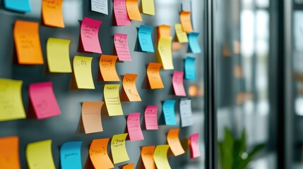 Collaborative brainstorming session with colorful sticky notes and ideas on a whiteboard