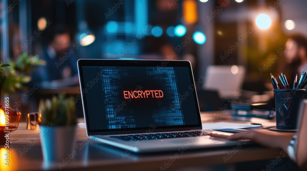 Poster Journalist's desk with laptop displaying an encrypted message in a modern workspace