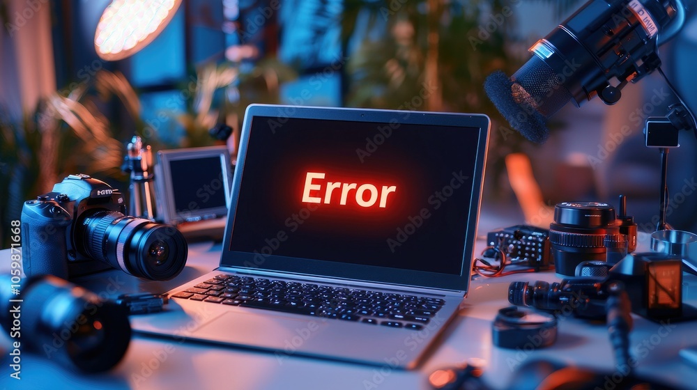 Poster laptop error message surrounded by photography equipment in studio setting