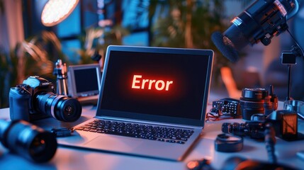 Laptop error message surrounded by photography equipment in studio setting
