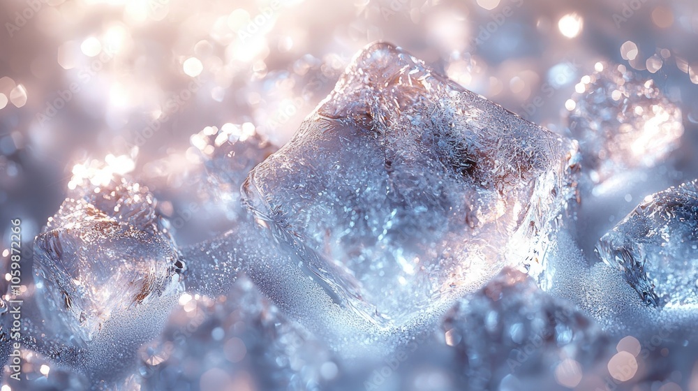 Poster close-up of a large ice cube with smaller ice cubes surrounding it, illuminated by warm light
