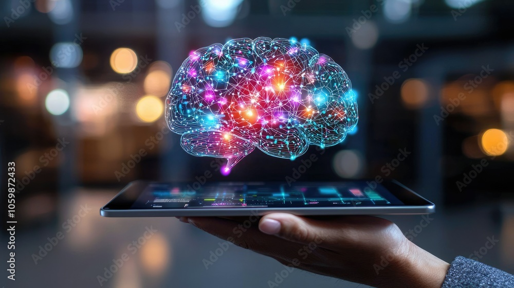 Aufkleber human hand holding tablet with ai-powered document analysis interface and brain graphics