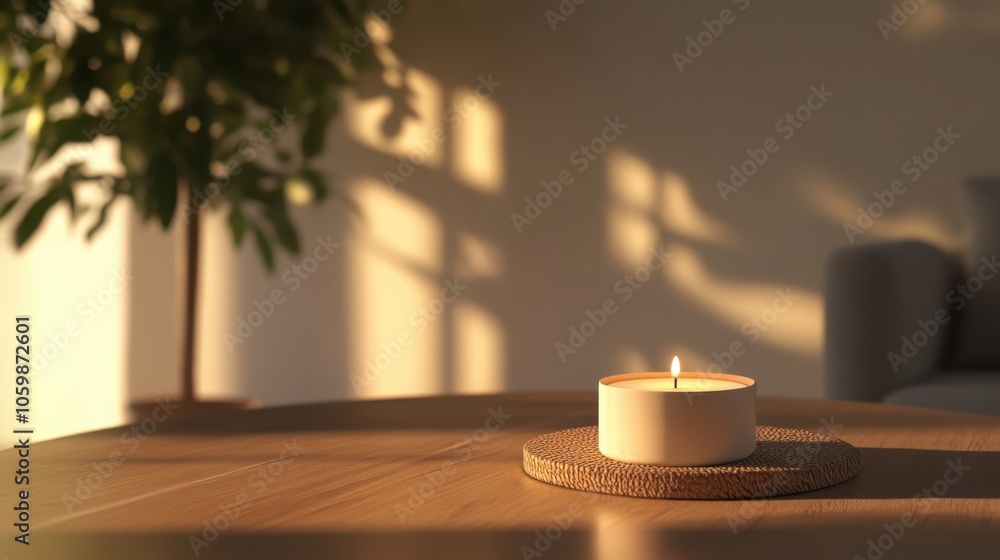 Aufkleber candle with soft glow on a simple table creating a serene ambiance in a cozy setting