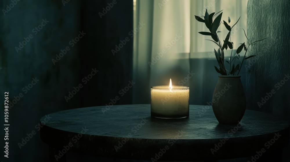 Aufkleber candle with soft glow on simple table creating a serene atmosphere in a minimalist space