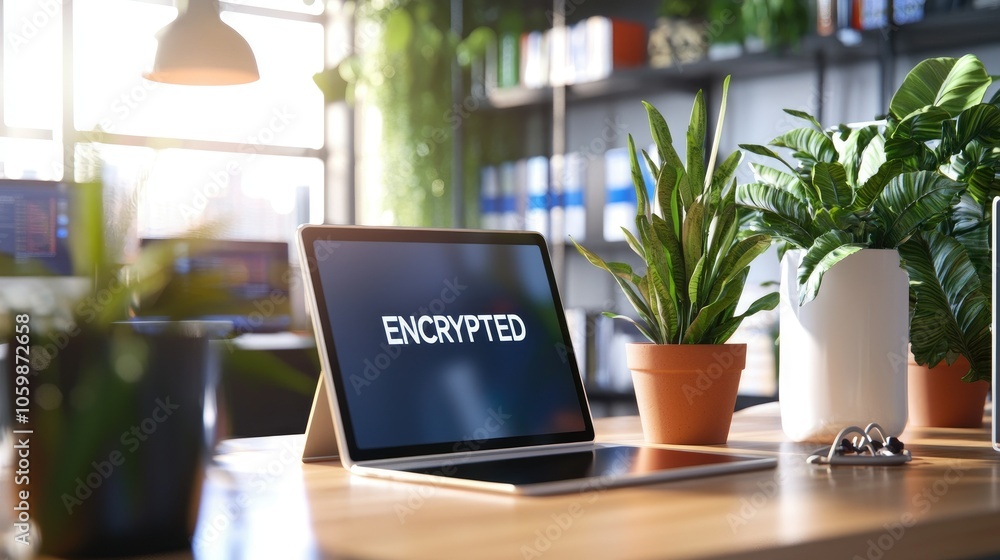 Poster modern tech startup office featuring tablet with encrypted display amidst greenery