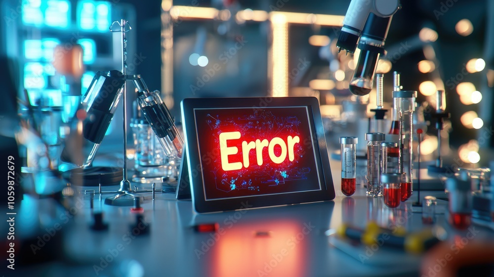 Poster error displayed on tablet among testing instruments in a medical lab environment