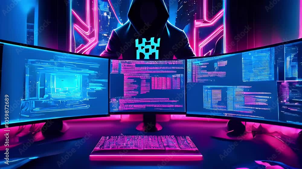 Poster hacker in a futuristic office, working on multiple computer screens with neon lights and cityscape b