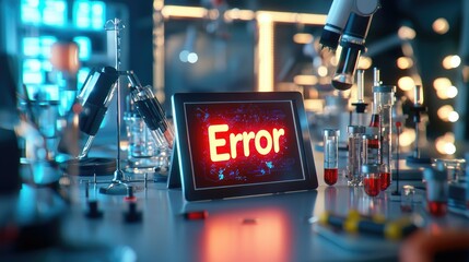Error displayed on tablet among testing instruments in a medical lab environment