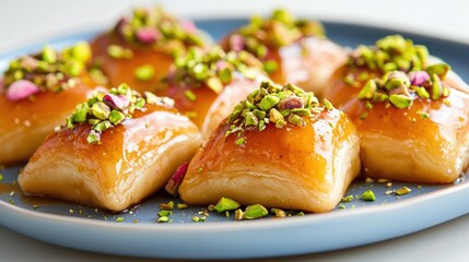 Rosesyrup infused atayef with pistachio topping in clean studio setting