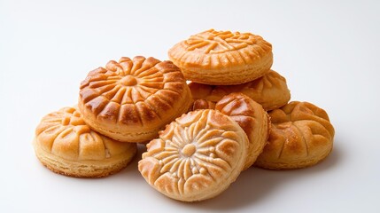 Fototapeta premium Delicious maamoul cookies with intricate designs perfectly stacked against a plain white background for a captivating visual appeal