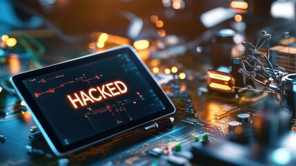 Exploring the impact of cybersecurity challenges at a tech workshop insights from a tablet displaying 'hacked' amidst advanced tools and equipment