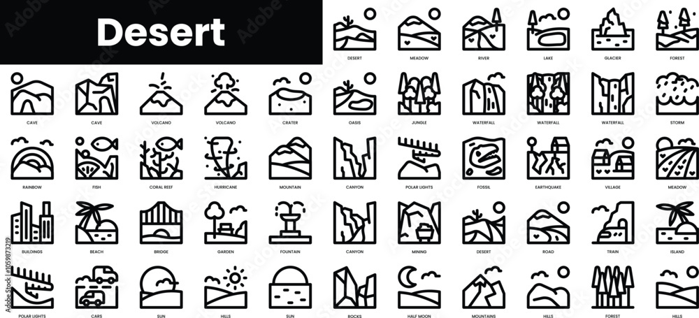 Poster set of outline desert icons. minimalist thin linear web icon set. vector illustration.