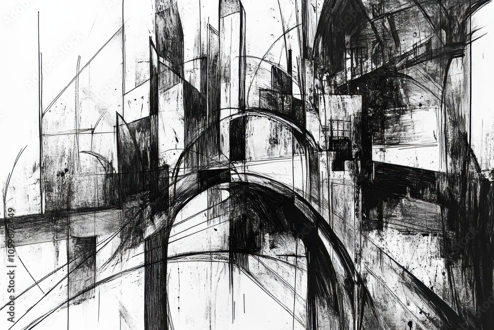 Fototapete an intricate urban landscape features bold black ink lines and abstract shapes that suggest modern c