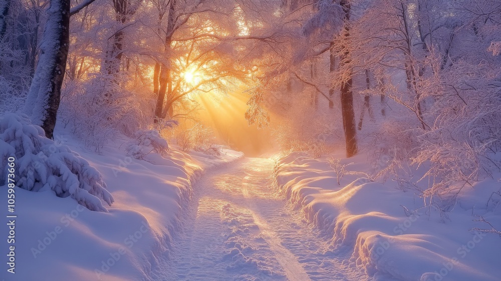 Aufkleber soft sunlight filters through frosty trees, illuminating a serene snowy pathway in the forest. the t