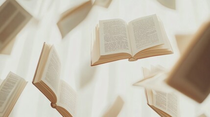 Obraz premium 2410 77.Several hardcover books are suspended in mid-air, their pages fluttering open against a bright white background. The books seem to be levitating, creating a sense of magic and wonder, perfect