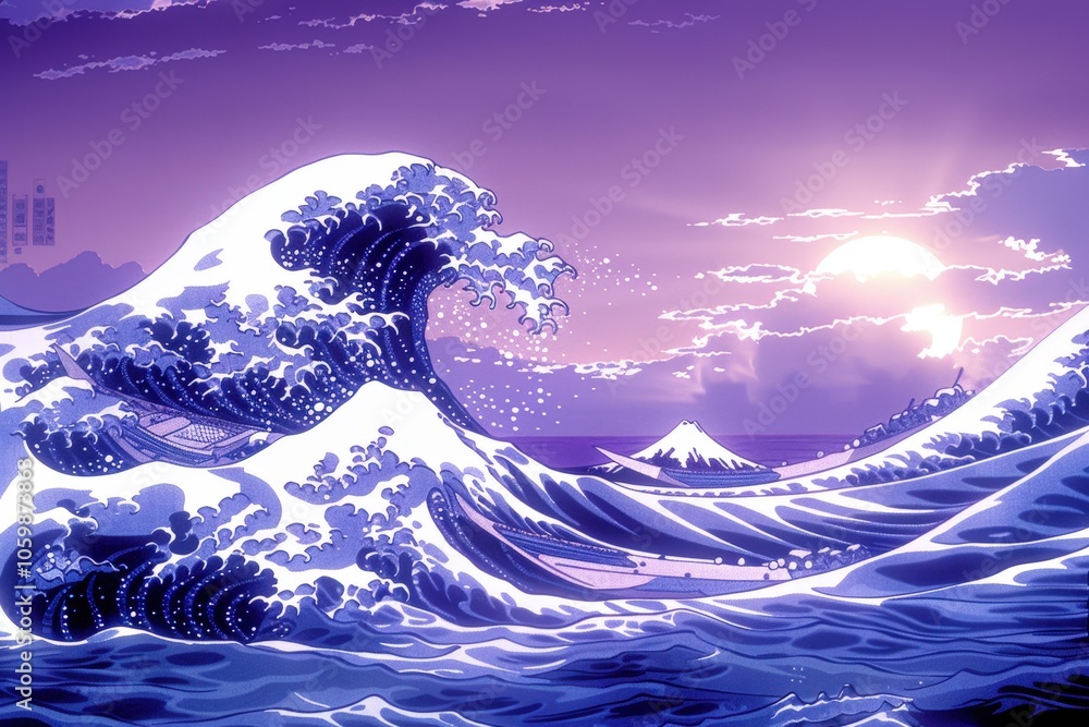 Poster a wave crashing into the ocean with a sunset in the background