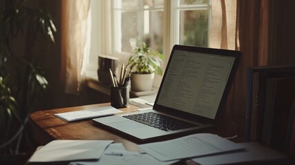 Fototapeta premium 2410 91.A laptop placed on a wooden work desk at home, with documents spread out next to it. The soft natural light from a nearby window illuminates the workspace, creating a comfortable and cozy